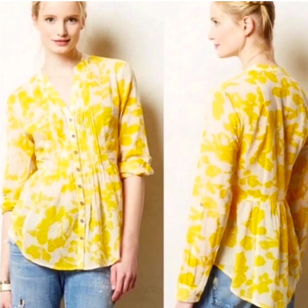Anthropologie Maeve Yellow Button Down Floral Pintuck Peplum Rolltab Blouse Top